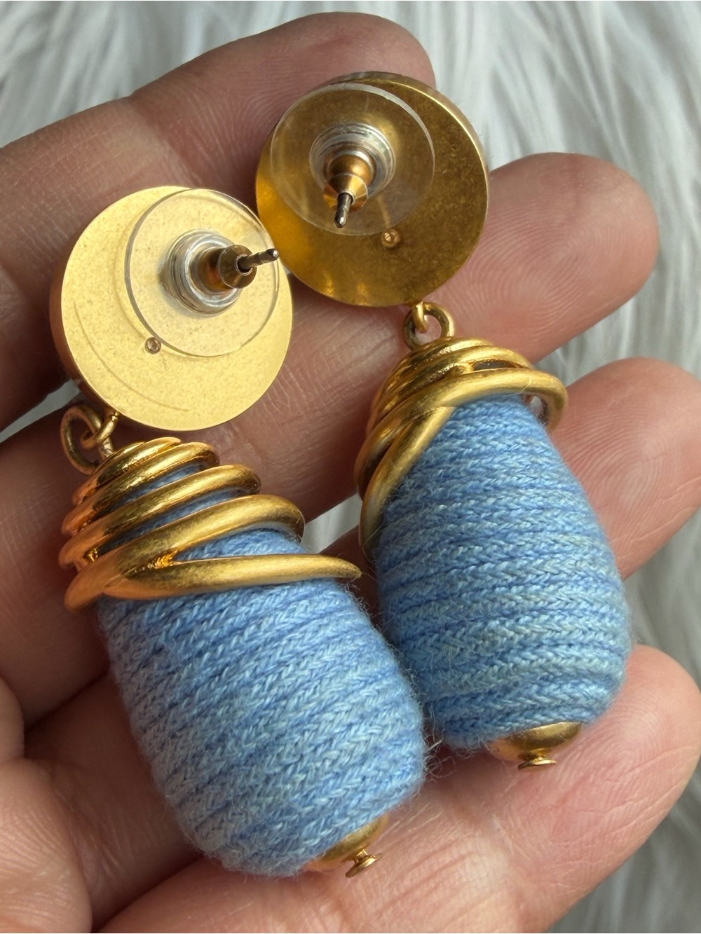 Hand-Wrapped Light Blue Woven Textile Drop Earrings with Gold Serpent Accents - Picture 4 of 13